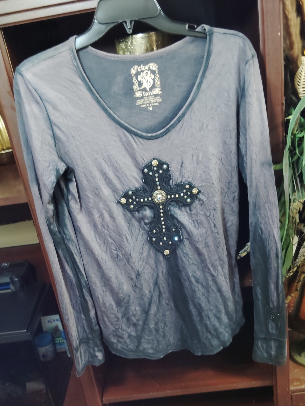 Studded Cross V-Neck Long Sleeve Top - Gray